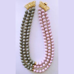 80s Collar Necklace 3 Strand Resin Beads Pink Gray Goldtone Clasp
